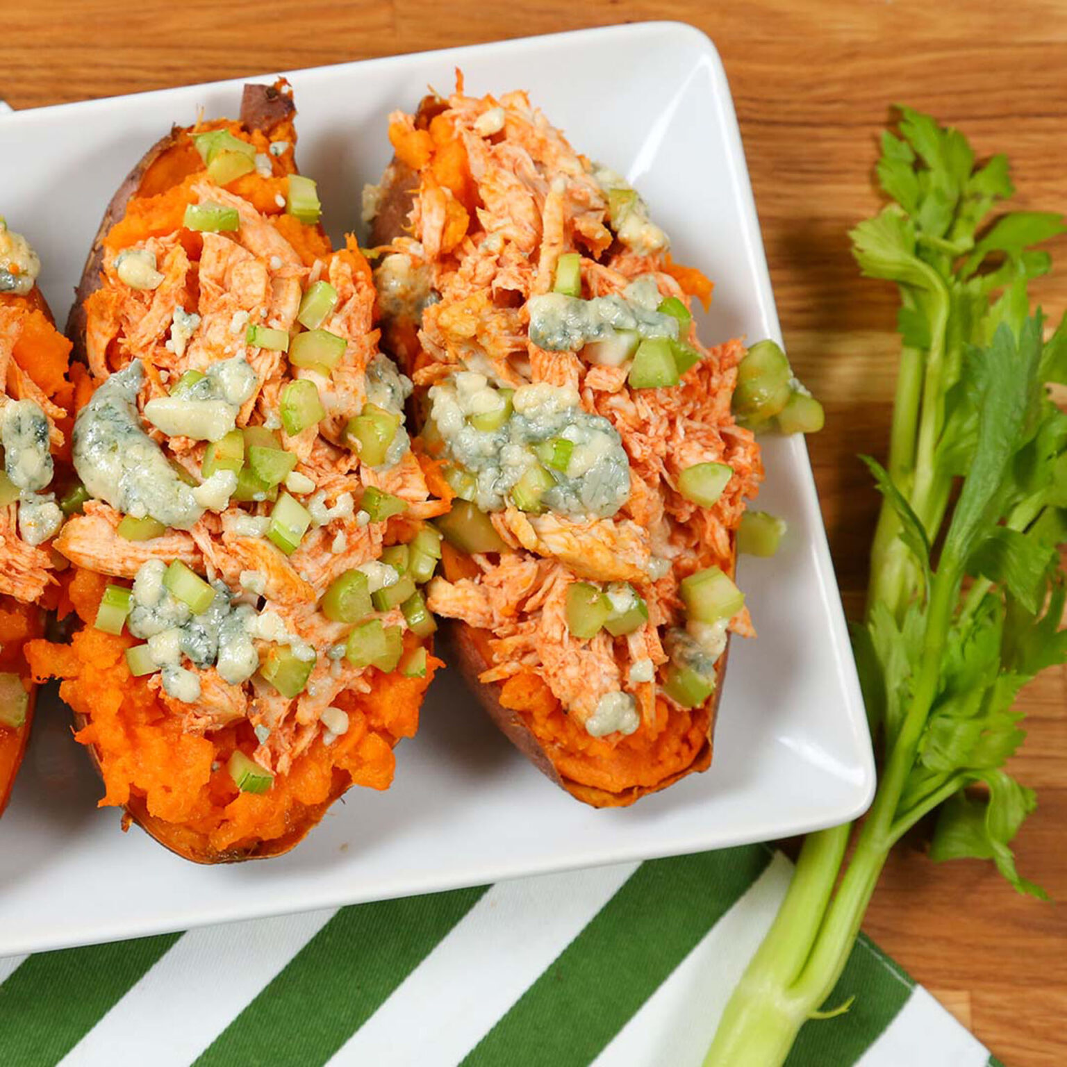 Buffalo Chicken Stuffed Sweet Potatoes The Domestic Geek