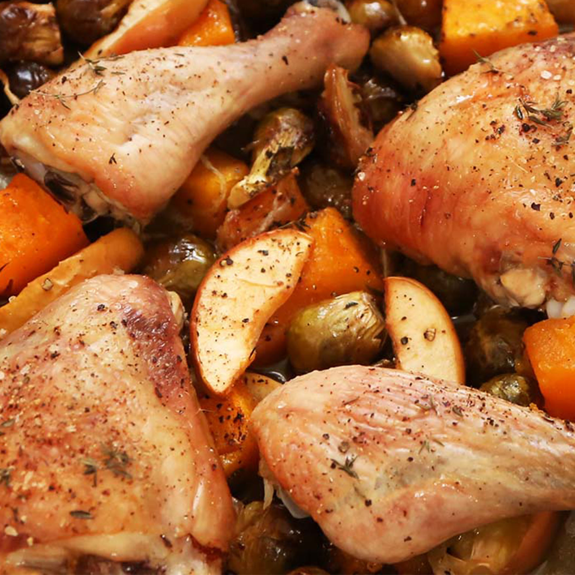 Roast Chicken with Apples, Butternut Squash & Brussels Sprouts